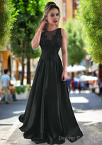 Satin Prom Dresses A-Line/Princess Scoop Neck Sweep Train With Appliqued