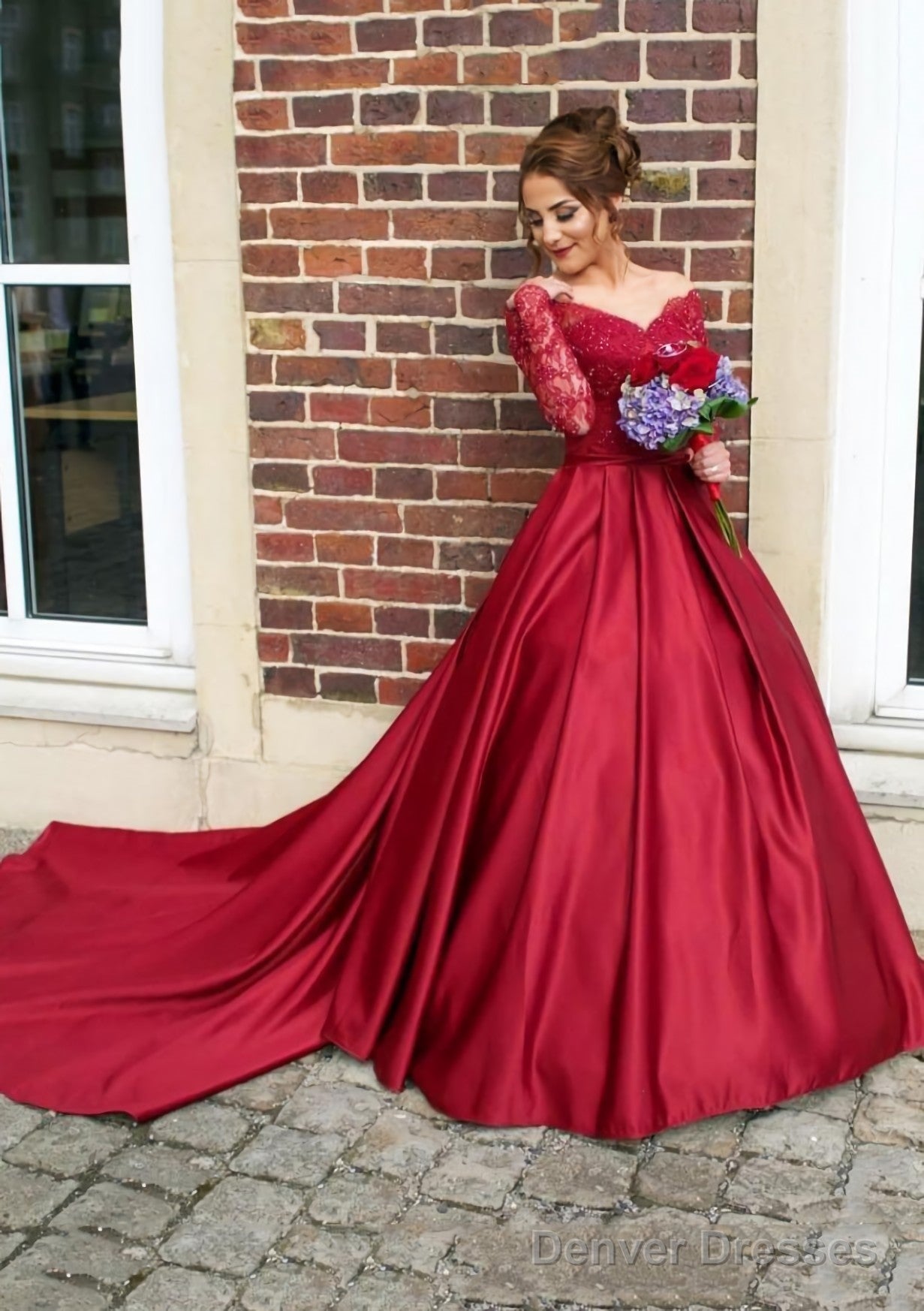 Satin Prom Dresses Ball Gown V-Neck Cathedral Train With Lace Main image
