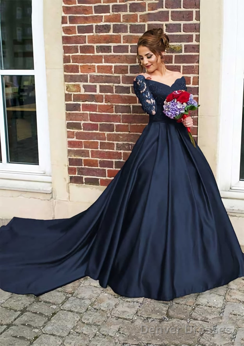 Satin Prom Dresses Ball Gown V-Neck Cathedral Train With Lace Secondary image