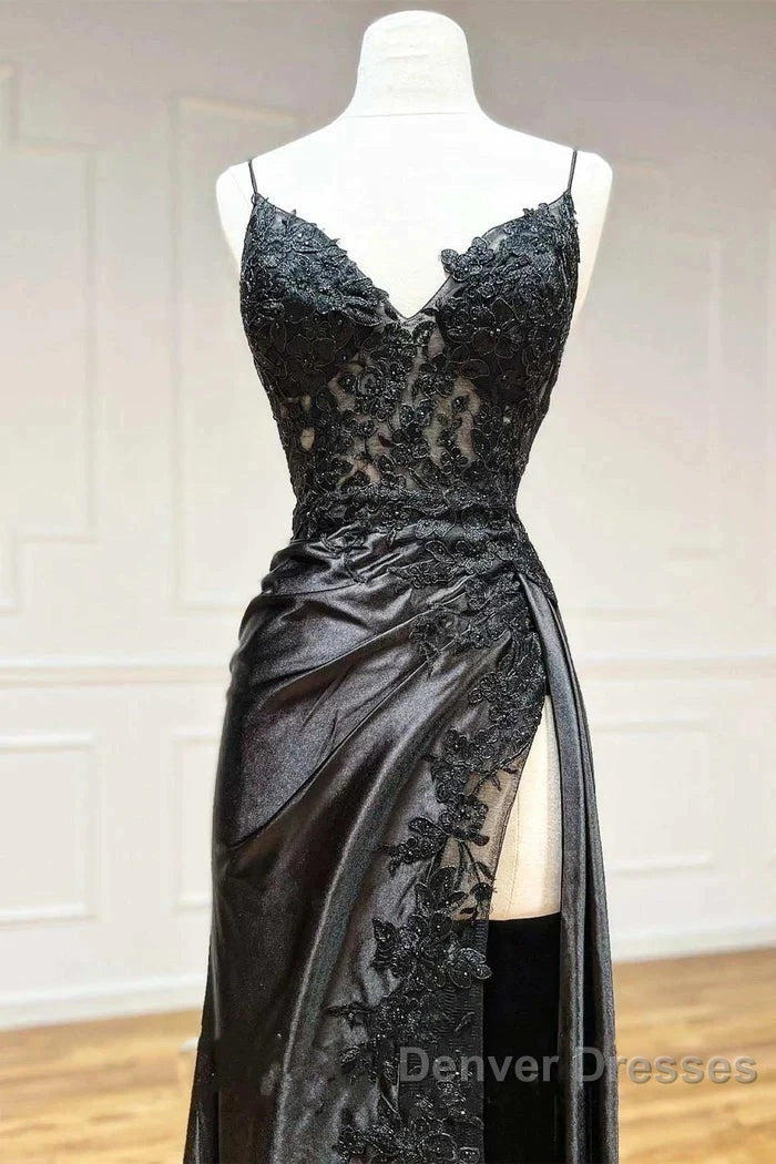 Satin Sheath Column Black Spaghetti Strap Prom Dress With Slit