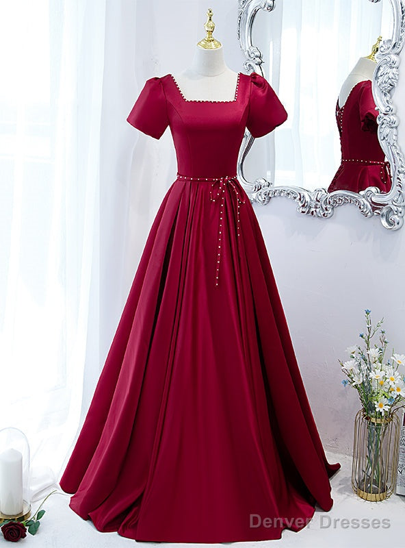 Satin Short Sleeve Square Pearls Prom Dress Main image
