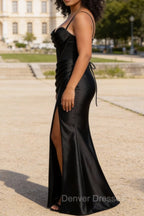 Satin Spaghetti Straps Black Prom Dress with Corset