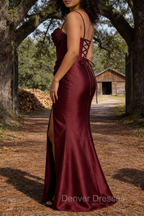 Satin Spaghetti Straps Burgundy Prom Dress with Corset