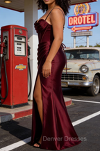 Satin Spaghetti Straps Burgundy Prom Dress with Corset