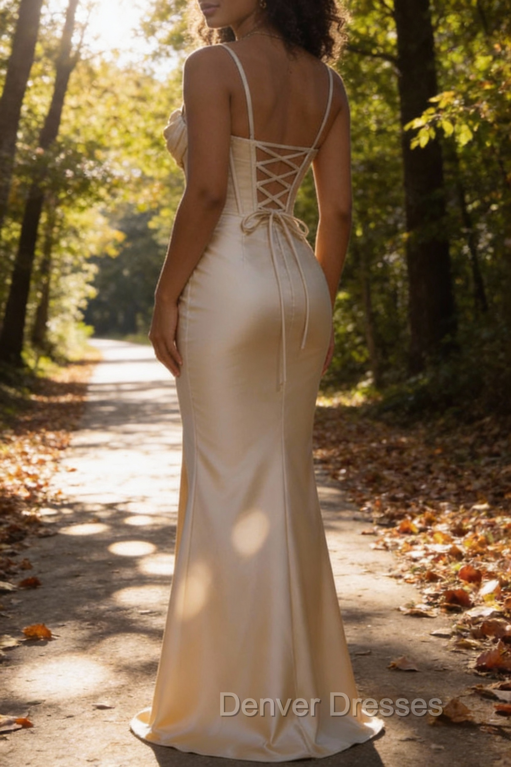 Satin Spaghetti Straps Champagne Prom Dress with Corset