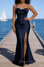 Satin Spaghetti Straps Dark Navy Prom Dress with Corset