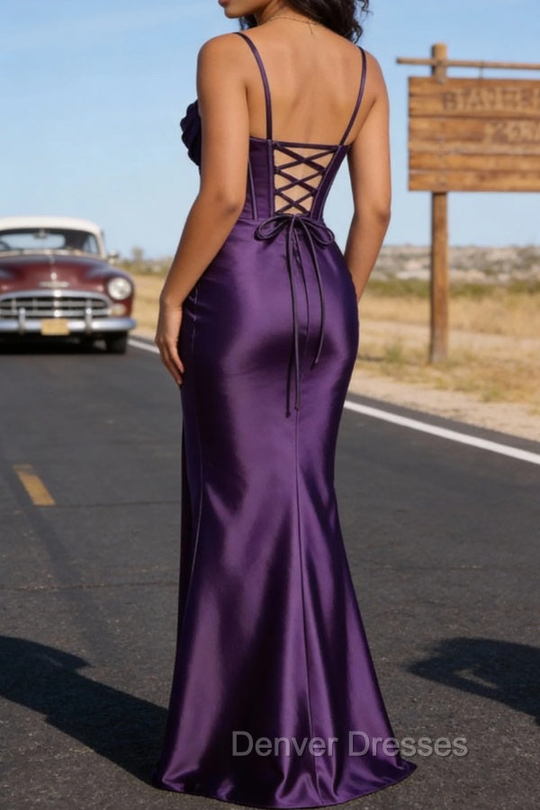 Satin Spaghetti Straps Purple Prom Dress with Corset