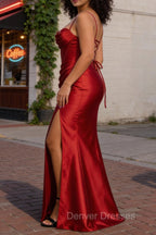 Satin Spaghetti Straps Red Prom Dress with Corset