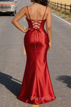 Satin Spaghetti Straps Red Prom Dress with Corset