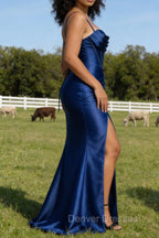 Satin Spaghetti Straps Royal Blue Prom Dress with Corset