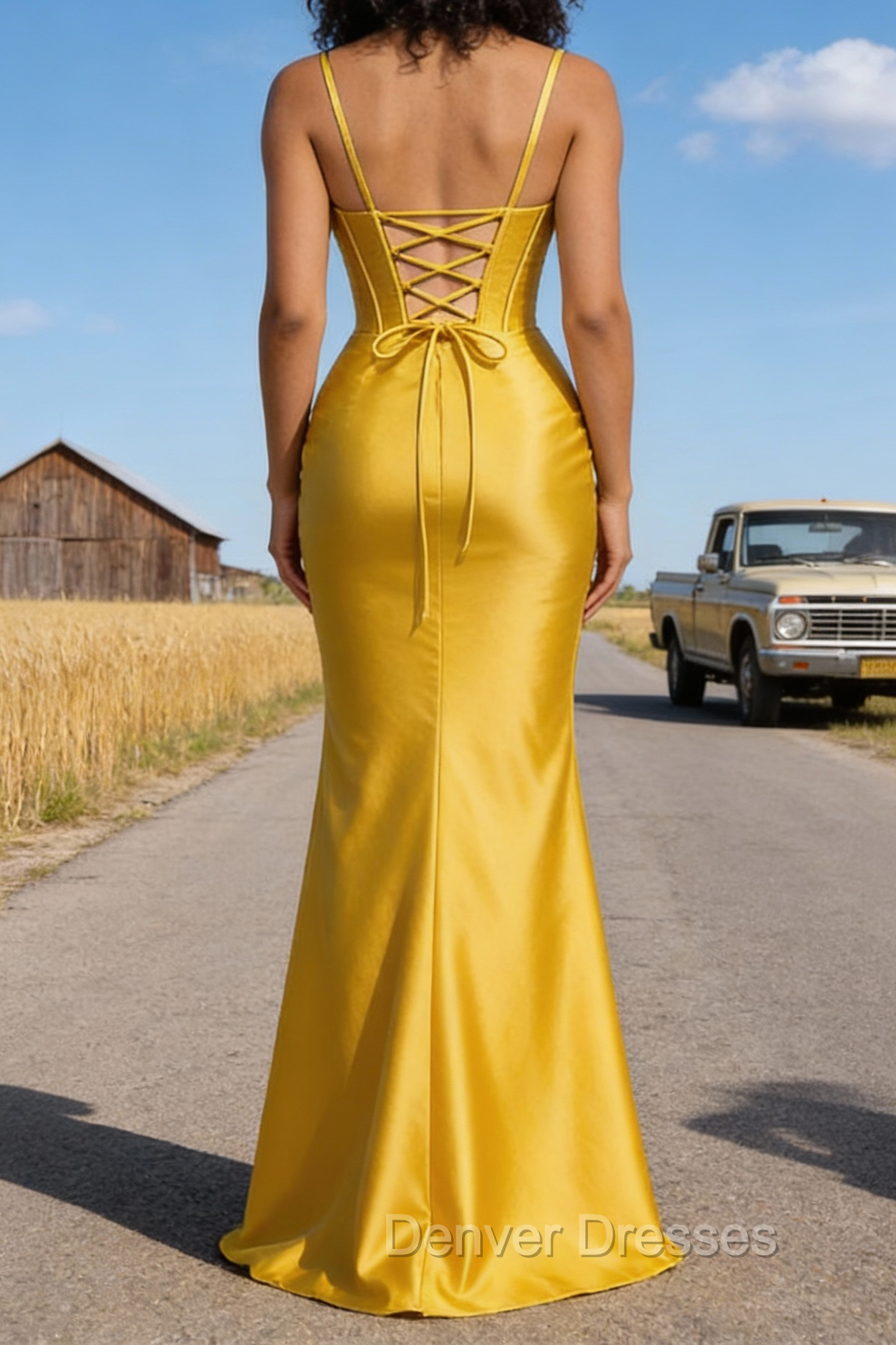Satin Spaghetti Straps Yellow Prom Dress with Corset
