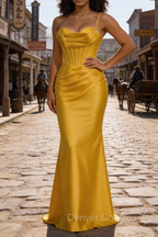 Satin Spaghetti Straps Yellow Prom Dress with Corset