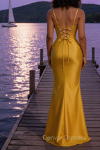 Satin Spaghetti Straps Yellow Prom Dress with Corset