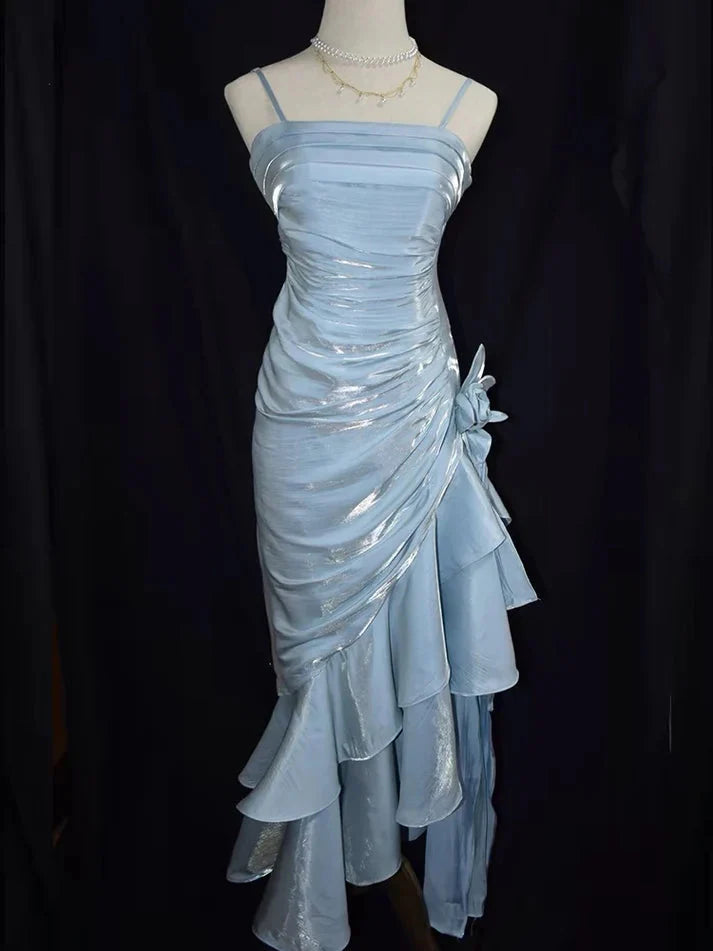 Green Retro Fashion Spaghetti Straps Long Irregular Ruffle Elegant Satin Ball Gown, Evening Dress, Party Dress