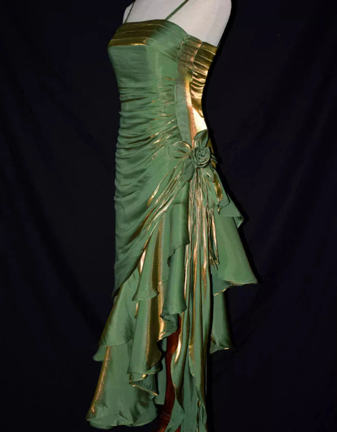 Green Retro Fashion Spaghetti Straps Long Irregular Ruffle Elegant Satin Ball Gown, Evening Dress, Party Dress
