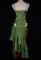 Green Retro Fashion Spaghetti Straps Long Irregular Ruffle Elegant Satin Ball Gown, Evening Dress, Party Dress