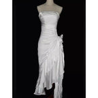 Green Retro Fashion Spaghetti Straps Long Irregular Ruffle Elegant Satin Ball Gown, Evening Dress, Party Dress