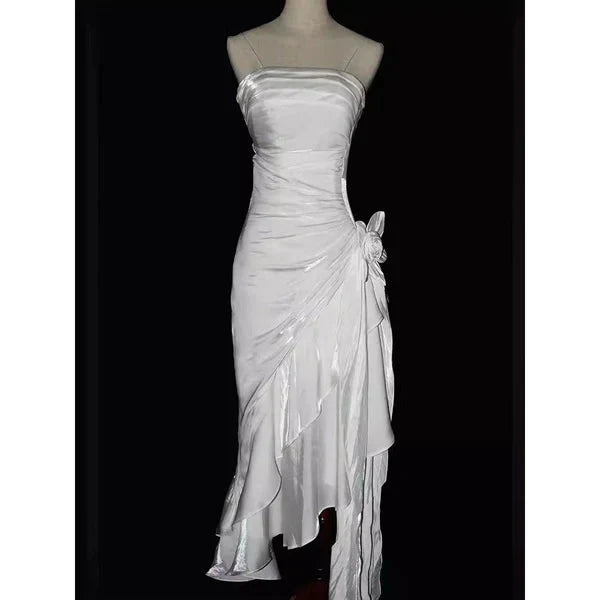 Green Retro Fashion Spaghetti Straps Long Irregular Ruffle Elegant Satin Ball Gown, Evening Dress, Party Dress