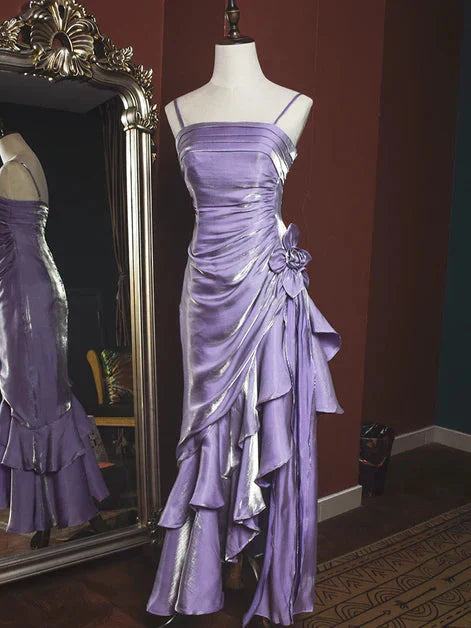 Green Retro Fashion Spaghetti Straps Long Irregular Ruffle Elegant Satin Ball Gown, Evening Dress, Party Dress