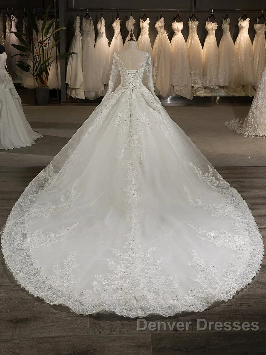 Scoop Long Sleeves Tulle Applique With Beading Chapel Train Ball Gown Wedding Dress