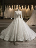 Scoop Long Sleeves Tulle Applique With Beading Chapel Train Ball Gown Wedding Dress