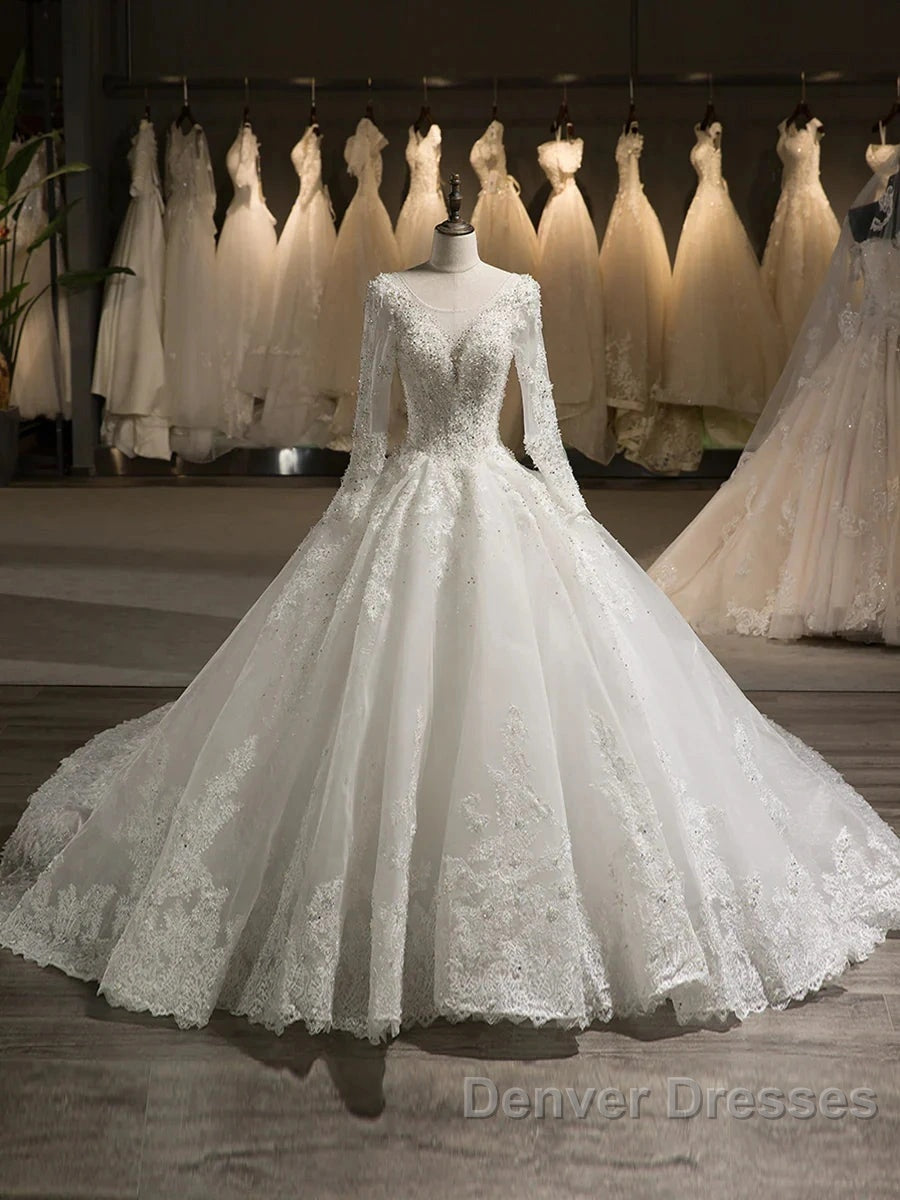 Scoop Long Sleeves Tulle Applique With Beading Chapel Train Ball Gown Wedding Dress