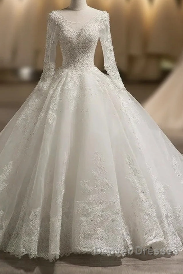 Scoop Long Sleeves Tulle Applique With Beading Chapel Train Ball Gown Wedding Dress