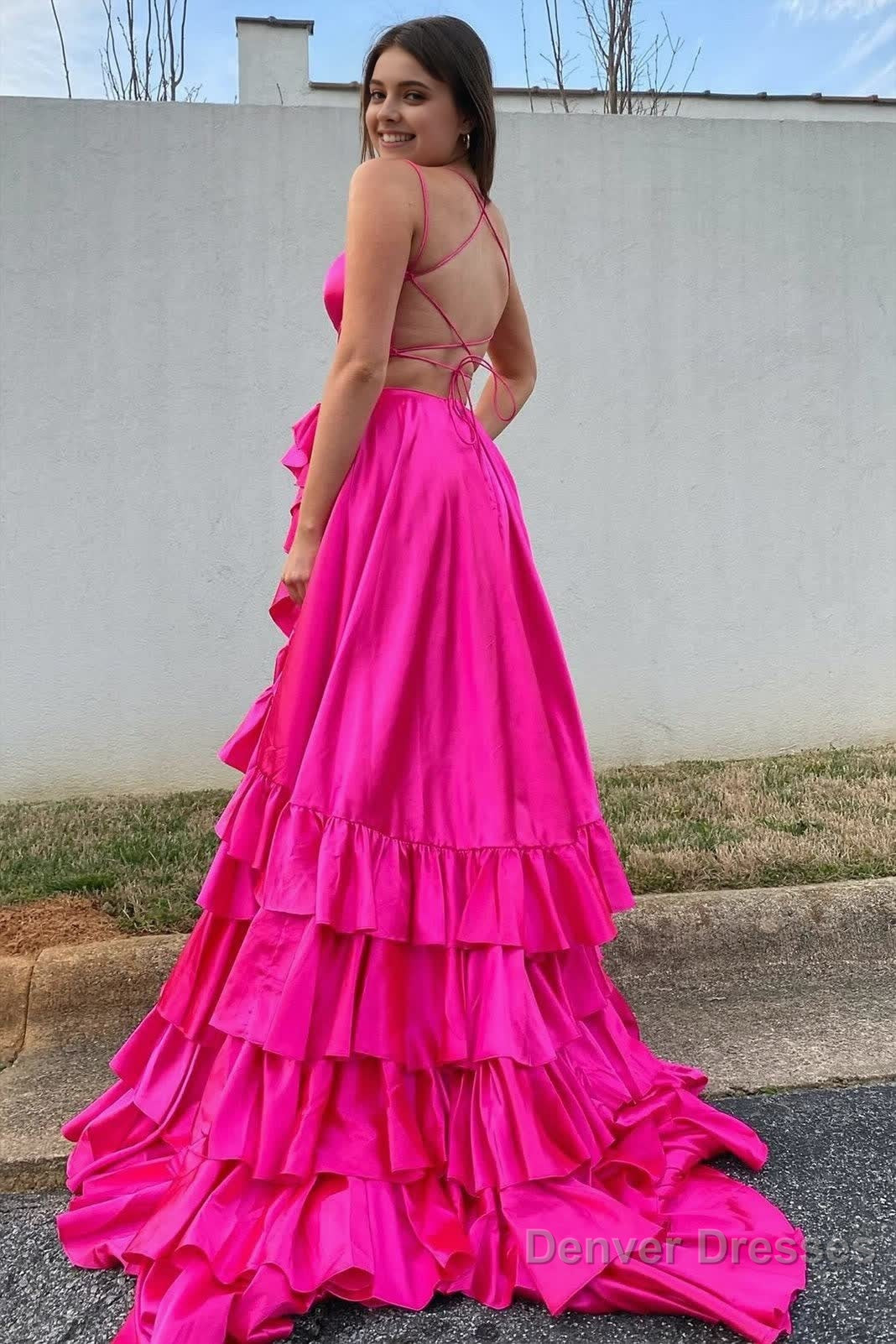 Scoop Neck A Line Lace-Up Ruffle Tiered Red Prom Dress with Slit