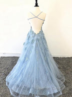 Scoop Neck Light Blue Backless Lace Prom Dress, Scoop Neck Blue Lace Formal Evening Dress