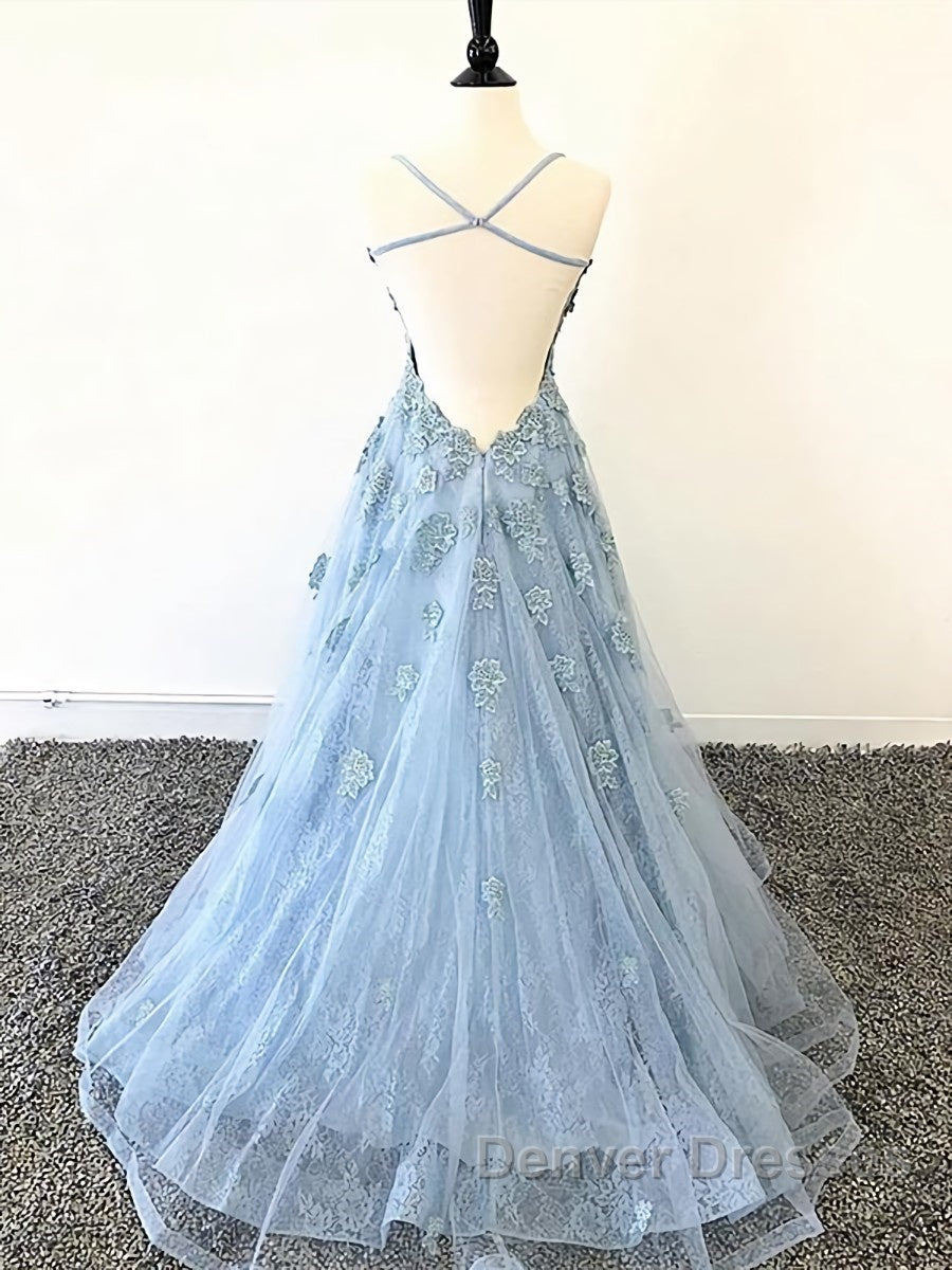 Scoop Neck Light Blue Backless Lace Prom Dress, Scoop Neck Blue Lace Formal Evening Dress