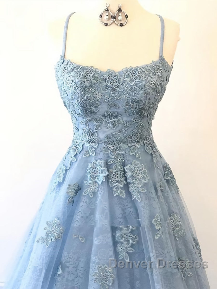 Scoop Neck Light Blue Backless Lace Prom Dress, Scoop Neck Blue Lace Formal Evening Dress