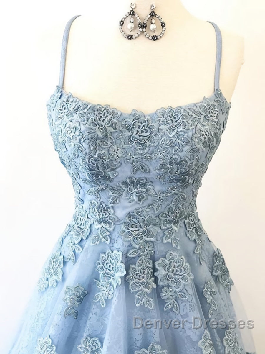 Scoop Neck Light Blue Backless Lace Prom Dress, Scoop Neck Blue Lace Formal Evening Dress
