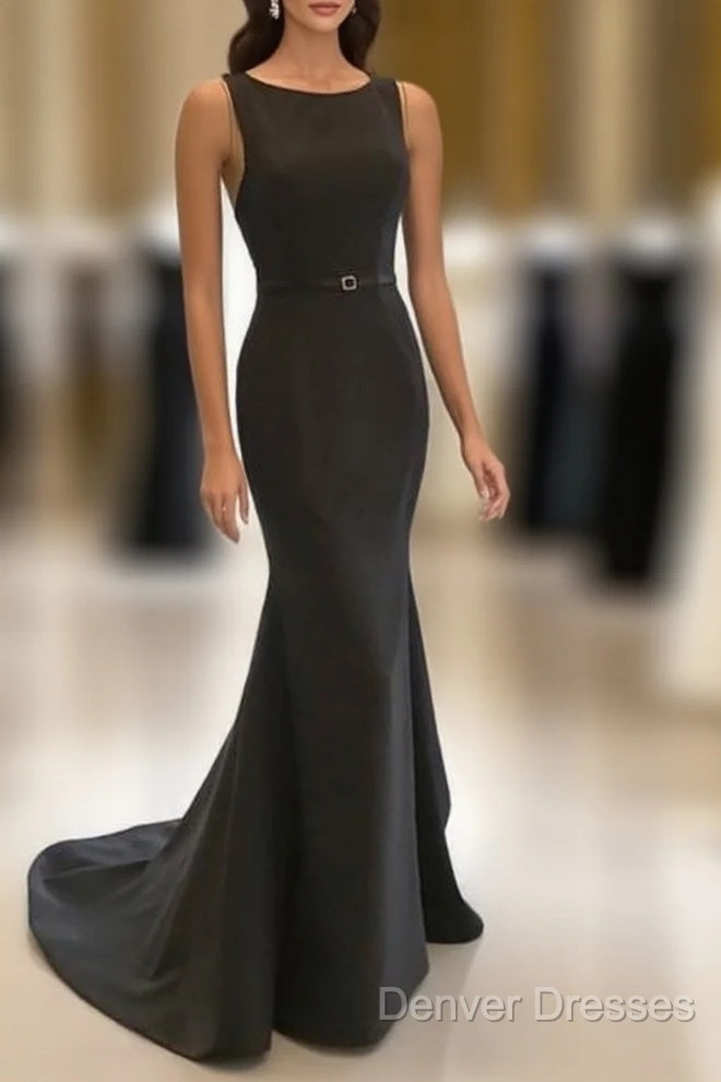 Scoop Neck Long Black Satin Mermaid Evening Dress Main image