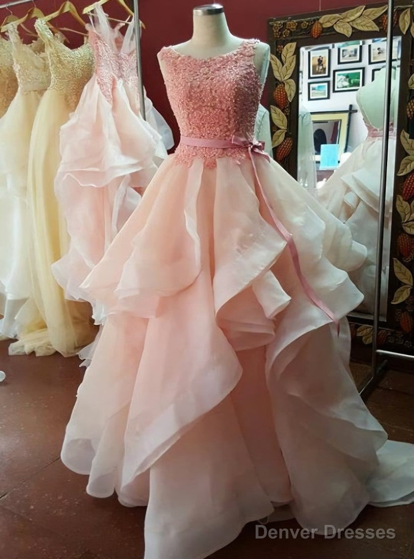 Scoop Neckline Pink Organza Prom Dresses Long with Bow Belt Party Dresses Main image