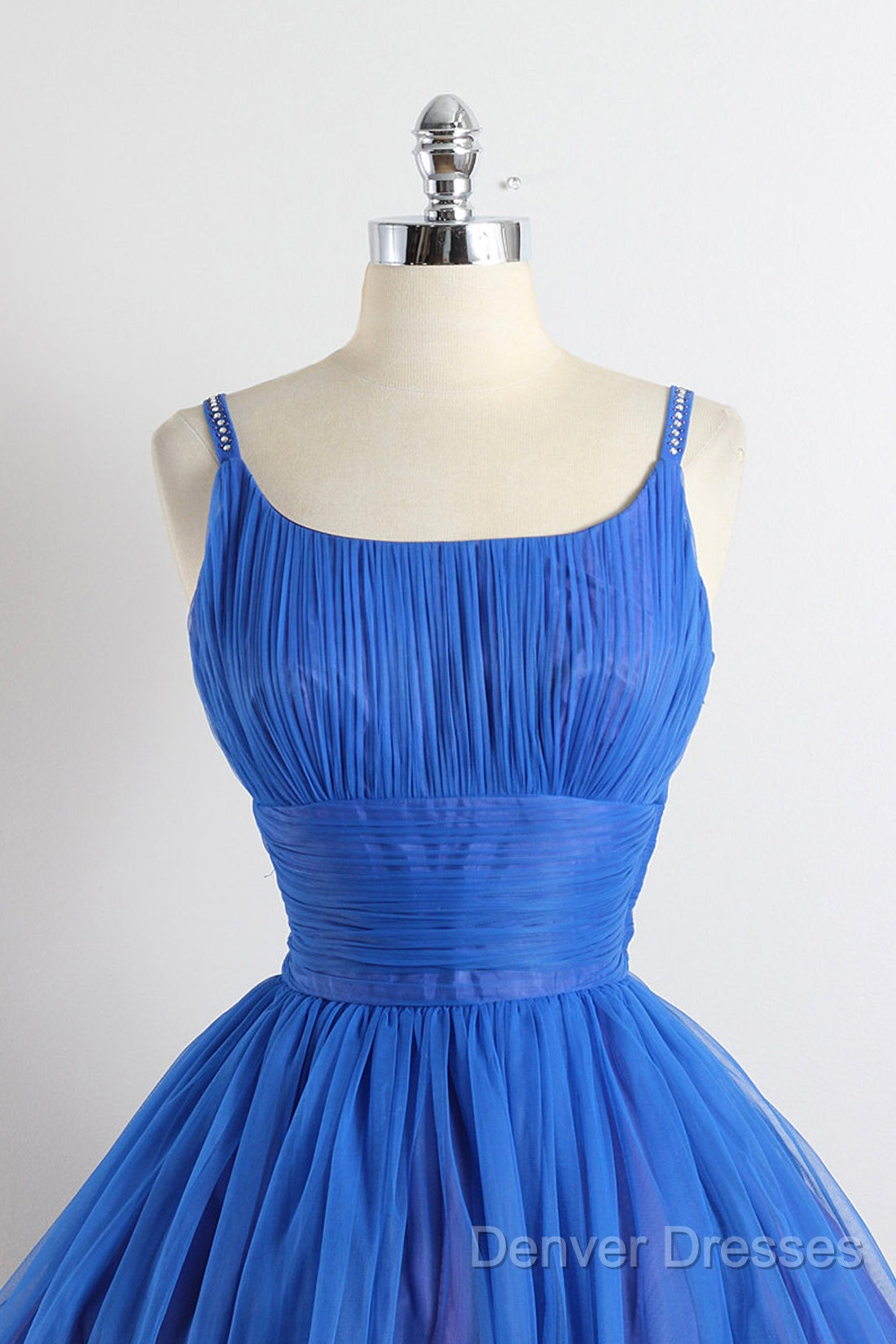 Scoop Neckline Royal Blue Party Dress, A-Line Spaghetti Strap Short Evening Dress Secondary image