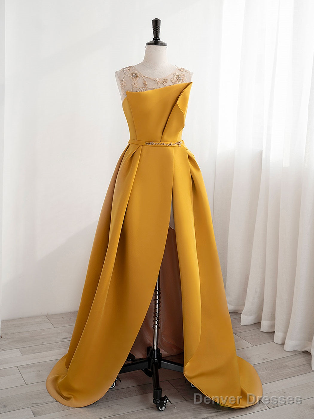 Scoop Neckline Satin Yellow Long Prom Dresses, Yellow Formal with Beading Sequin Main image
