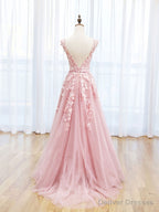 Scoop Neckline Tulle Pink Long Prom Dress, Pink Backless Evening Dresses