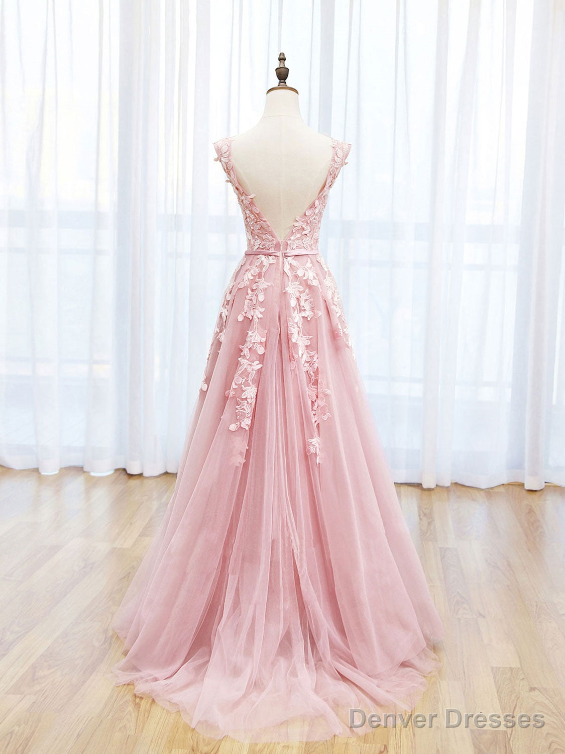 Scoop Neckline Tulle Pink Long Prom Dress, Pink Backless Evening Dresses
