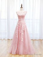 Scoop Neckline Tulle Pink Long Prom Dress, Pink Backless Evening Dresses