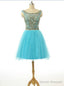 Scoop Top Beaded Blue Knee Length Cocktail Dresses