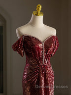 Simple Off Shoulder Sequin Burgundy Long Prom Dress, Burgundy Long Evening Dress