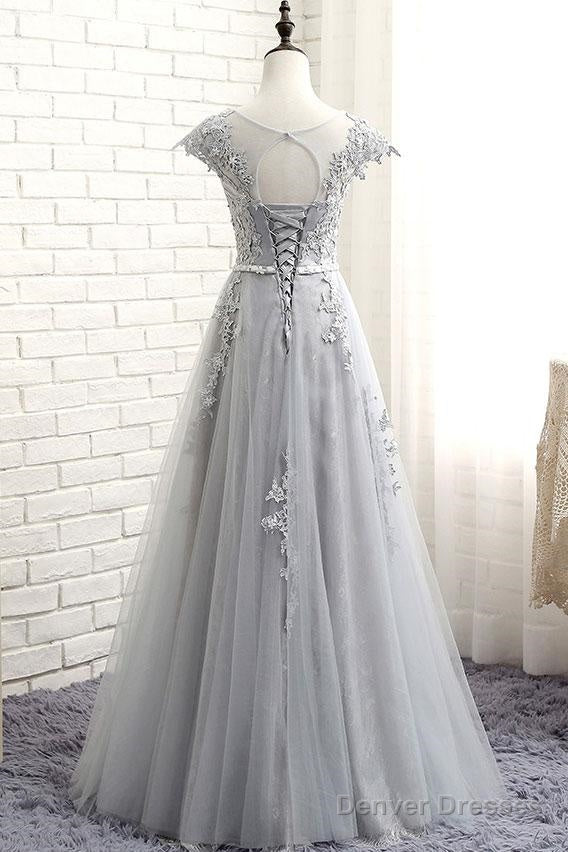 See Through Gray Cap Sleeves Tulle Appliques Scoop Tulle Prom Dress Secondary image