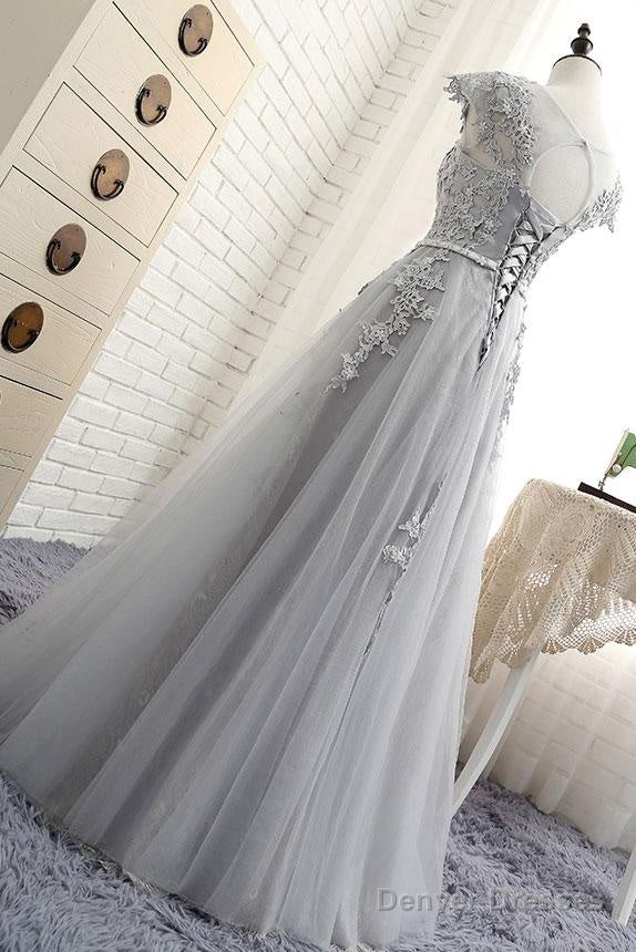 See Through Gray Cap Sleeves Tulle Appliques Scoop Tulle Prom Dress