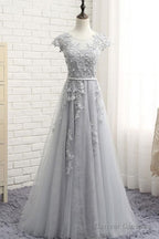 See Through Gray Cap Sleeves Tulle Appliques Scoop Tulle Prom Dress