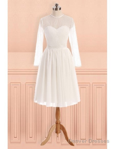 See Through Tulle Knee Length Sheer Round Long Sleeves Wedding Dress Main image