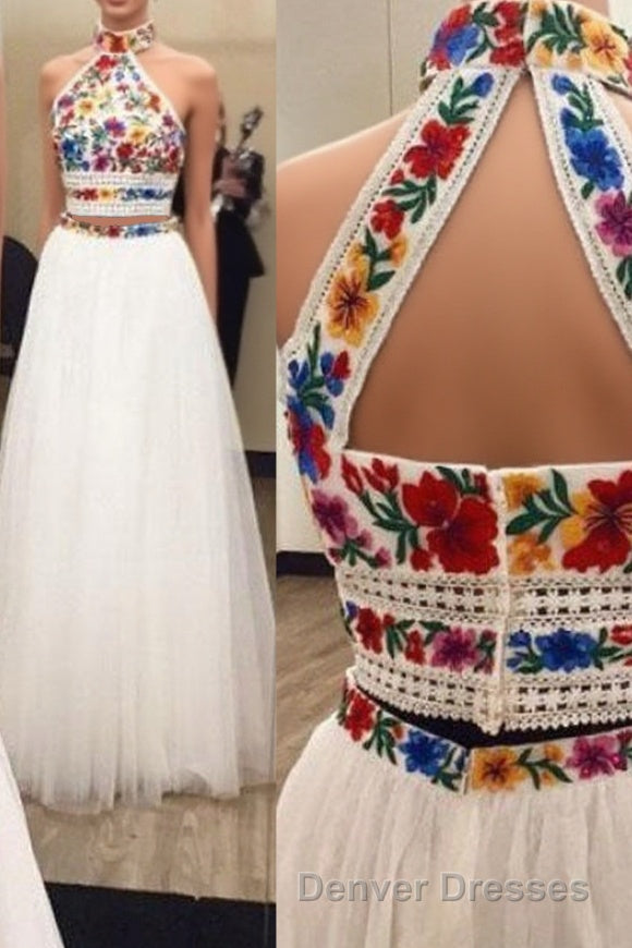 Two Piece High Neck Long Prom Dress with Appliques, Unique Sleeveless Party Dress Main image