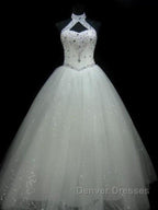 Sequin Ball Gown Sleeveless Floor Length Beading Tulle Halter Wedding Dress