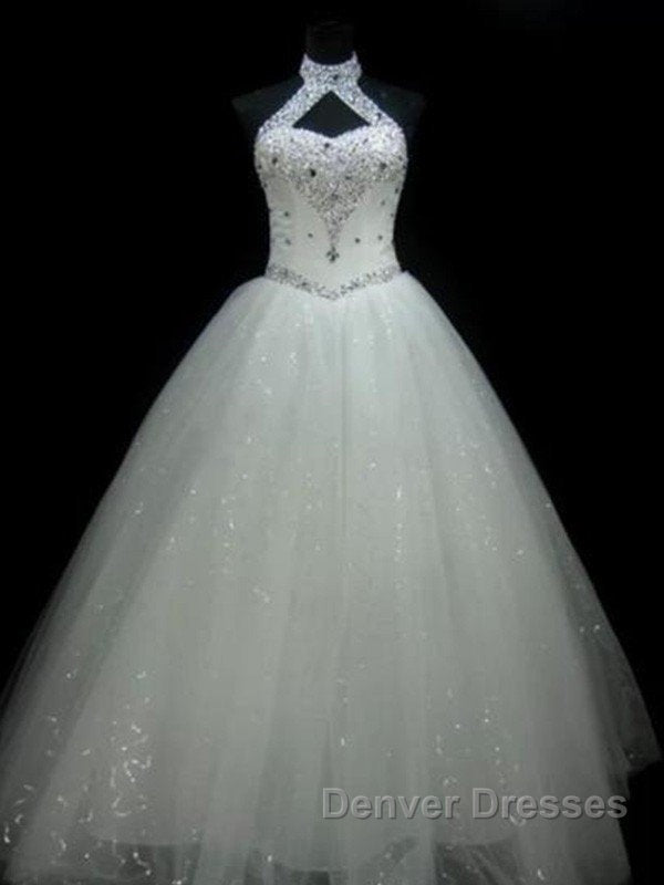 Sequin Ball Gown Sleeveless Floor Length Beading Tulle Halter Wedding Dress