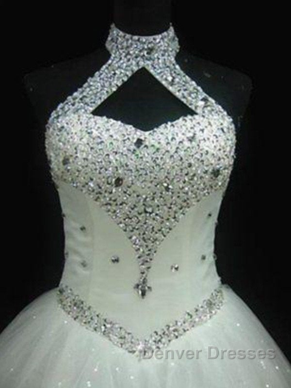 Sequin Ball Gown Sleeveless Floor Length Beading Tulle Halter Wedding Dress