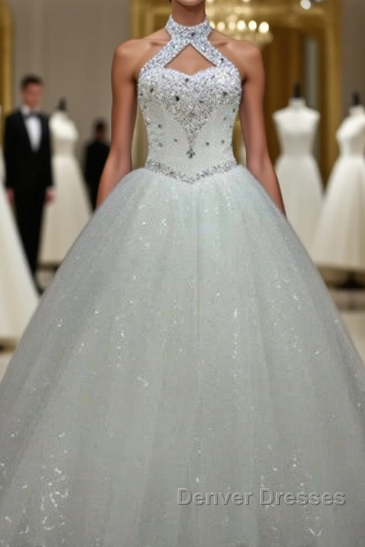 Sequin Ball Gown Sleeveless Floor Length Beading Tulle Halter Wedding Dress Main image